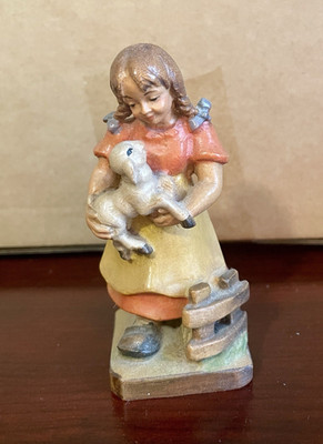 W.U.M. Heinzeller Hand-Painted Wood Carved Girl with Lamb Figurine