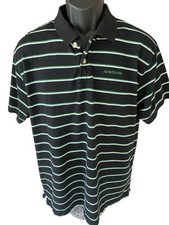 John Deere Polo Shirt Men's Large Black Green White Stripe Green Logo Spellout
