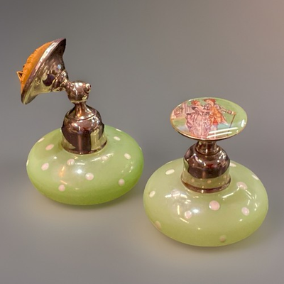 #ad Pair DeVilbiss Perfume Bottles Vintage Polka Dot Atomizer And Bottle Green 1931 $225.00