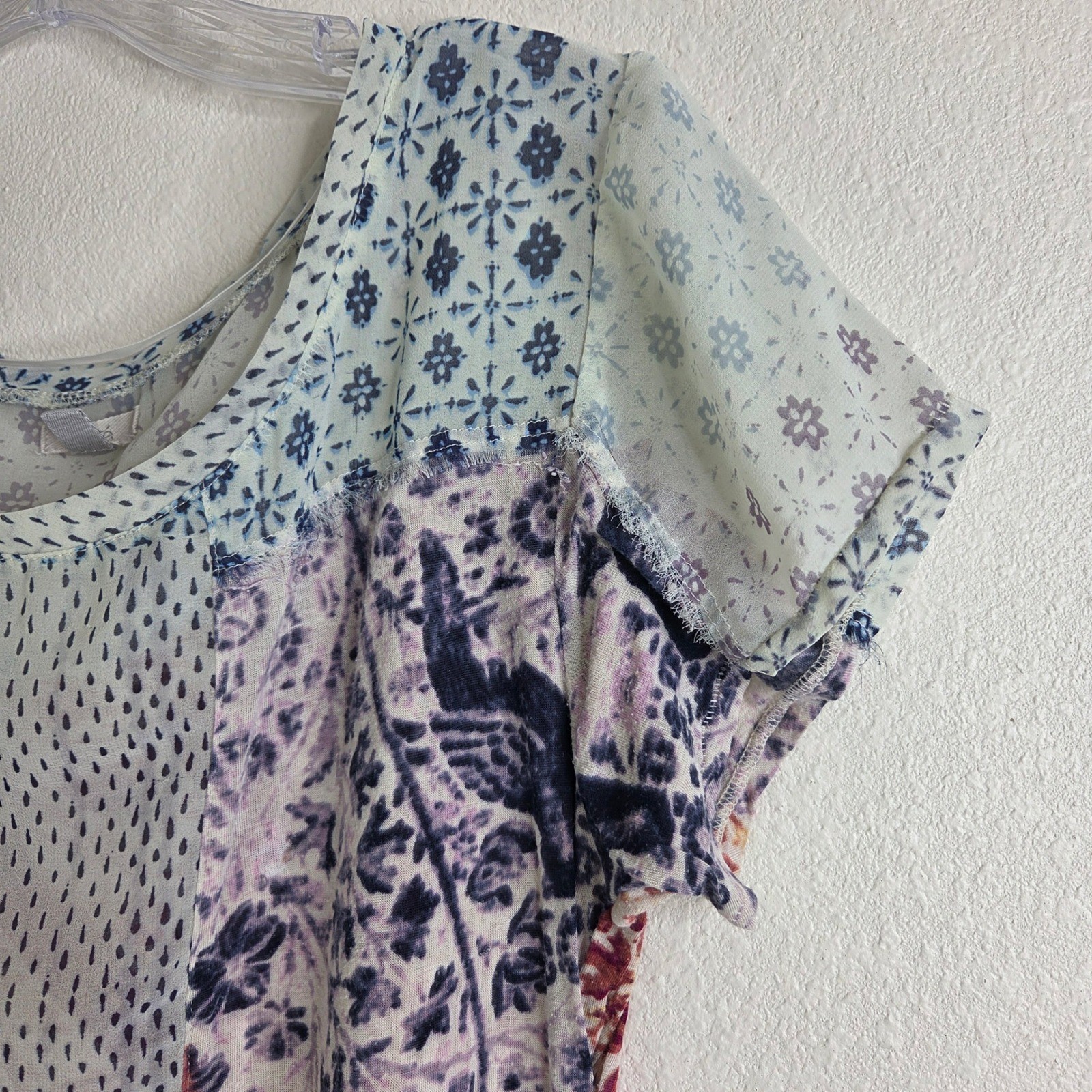 Ecote Top Small Gray Sheer Patchwork Bird Floral … - image 2