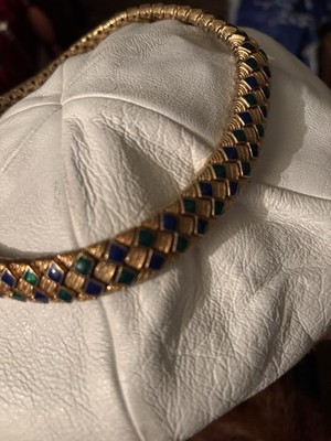 Ciner Vintage Statement Collar Necklace Gold Tone Blue Green Box Closure Jewelry