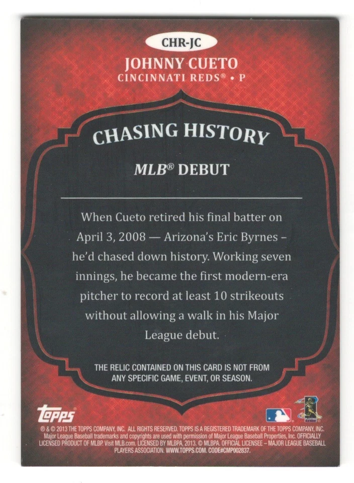 Johnny Cueto 2013 Topps Chasing History Relics #JC Relic Card - Image 2 of 2