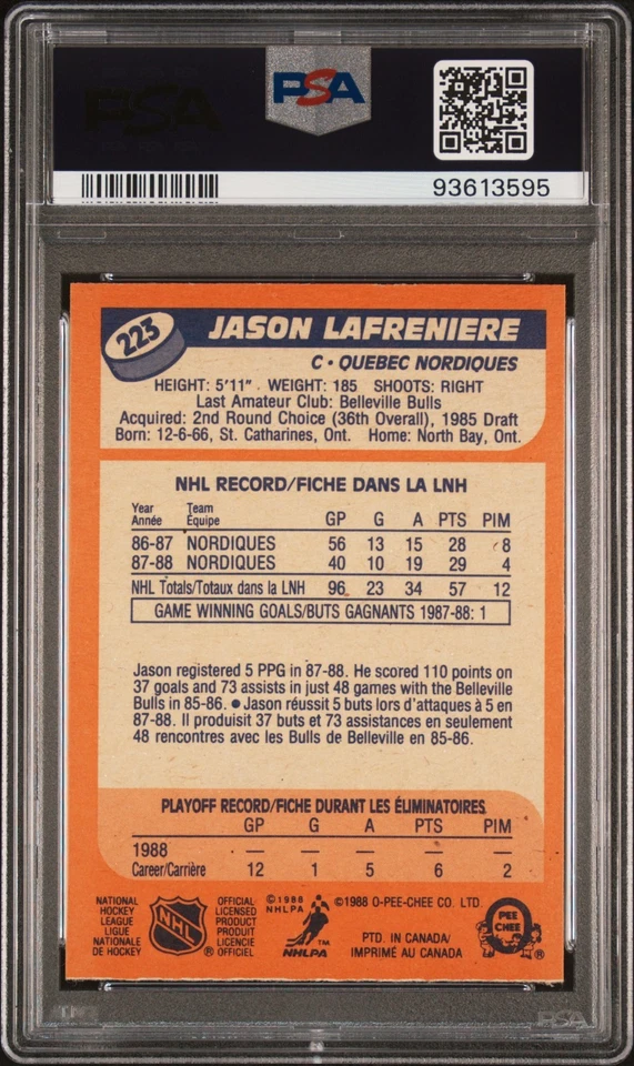 1988 O-Pee-Chee OPC Jason Lafreniere #223 PSA 10 - Image 2 of 2