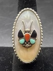 Vintage Zuni Sterling Silver MOP, Coral, Onyx, & Turquoise Butterfly Ring Sz 7
