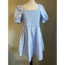 XXL Blue White Striped Smocked Puff Sleeve Mini Dress preppy nautical cottage