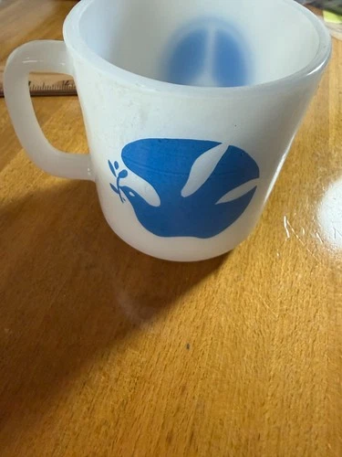 Vintage Glasbake Milk Glass Peace Sign & Dove Coffee Mug!