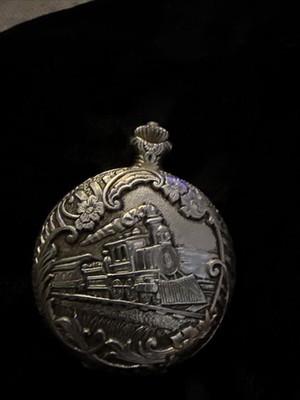 Vintage BRUT Quartz Pocket Watch   Train Locomotive Embossed Case  Floral Design