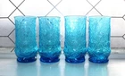4 Vintage Laser Blue Glass Flat Iced Tea Tumblers Rainflower Pattern
