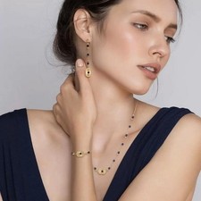 Natural Lapis Lazuli Gold Sunburst Jewellery Set Necklace Bracelet Drop Earrings