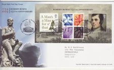 GB Stamps First Day Cover 250th Birth Anniv. of Robert Burns MS, poetry SHS 2009