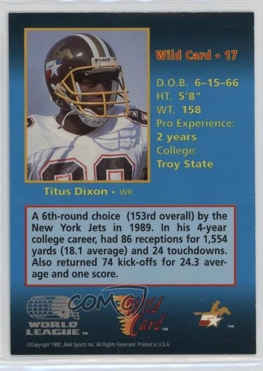 1992 Wild Card World League Titus Dixon #17 - Image 2 of 2