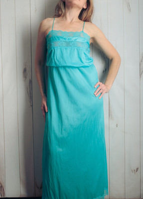 Flair Lingerie Vintage 80s Satin Sheer Lace Retro Nightgown Slip M Aqua Blue