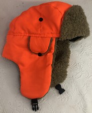 Fur Hat Trapper Hunt Unisex Bright Orange Winter Ear Flaps Sherpa Chin Strap EUC