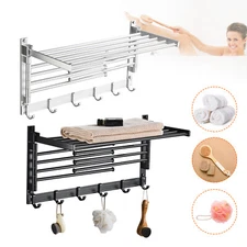 Wall Mounted Towel Rack Bathroom Hotel Cloth Towel Drying Shelf w/Hook&Swing Arm