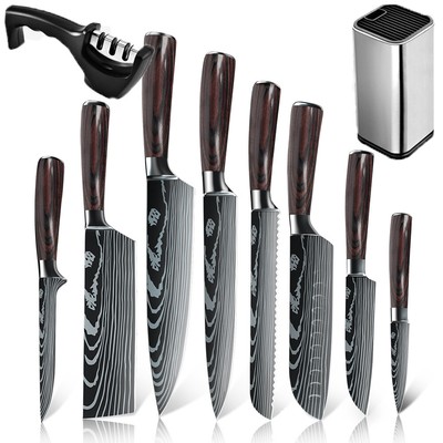 Set of 10 Kitchen Knives Stainless Steel Japanese Damascus Pattern Chef s Knife