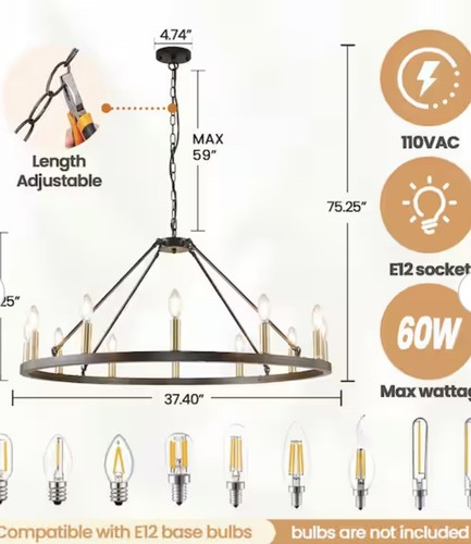 Magic Home 37 Inch 12 Light Classic Adjustable Height Metal Chandelier - Picture 3 of 4