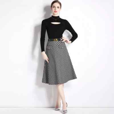 Tailleur Completo Maglia Maglione Set Outfit Gonna Ginocchio Nero