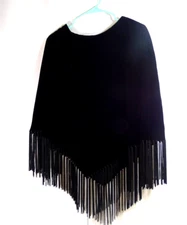 NWT-Cejon Womens One Size Black Velour Shawl Wrap Cape Fringe Trim