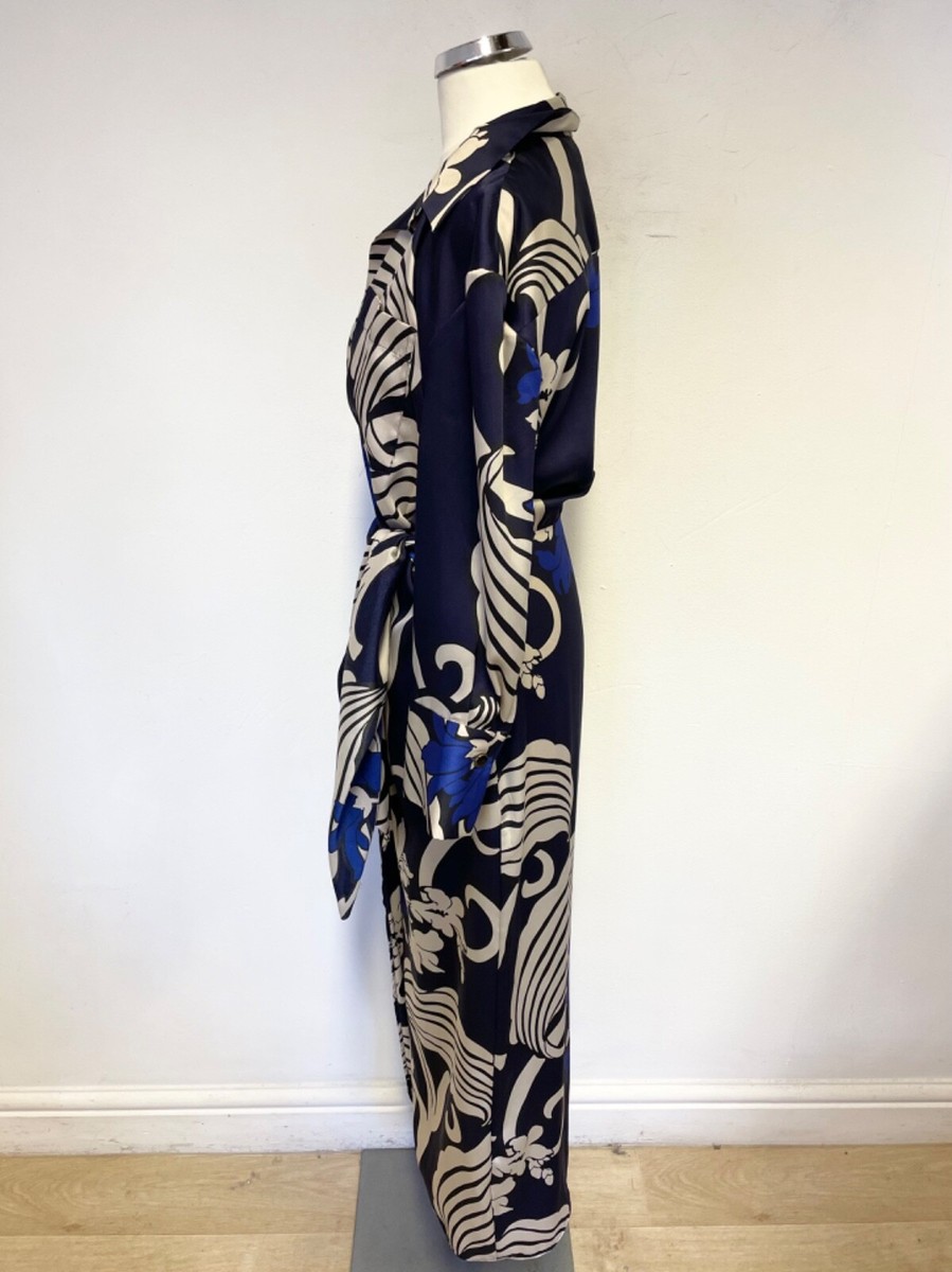 ZARA NAVY, CREAM BLUE PRINT COLLARED 3/4 SLEEVED WRAP MIDI DRESS