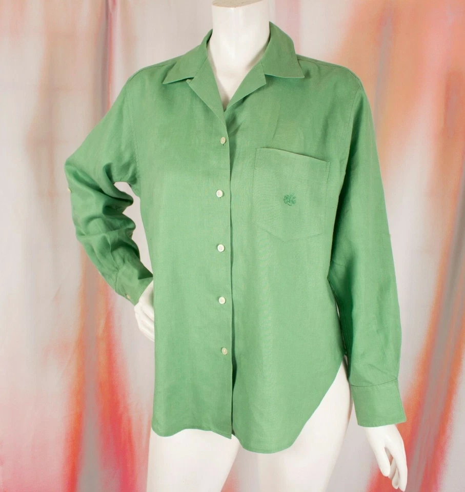 RALPH LAUREN Green Lime Solid Roll-Up Tab Sleeves Women Linen Shirt Size M - Image 3 of 4