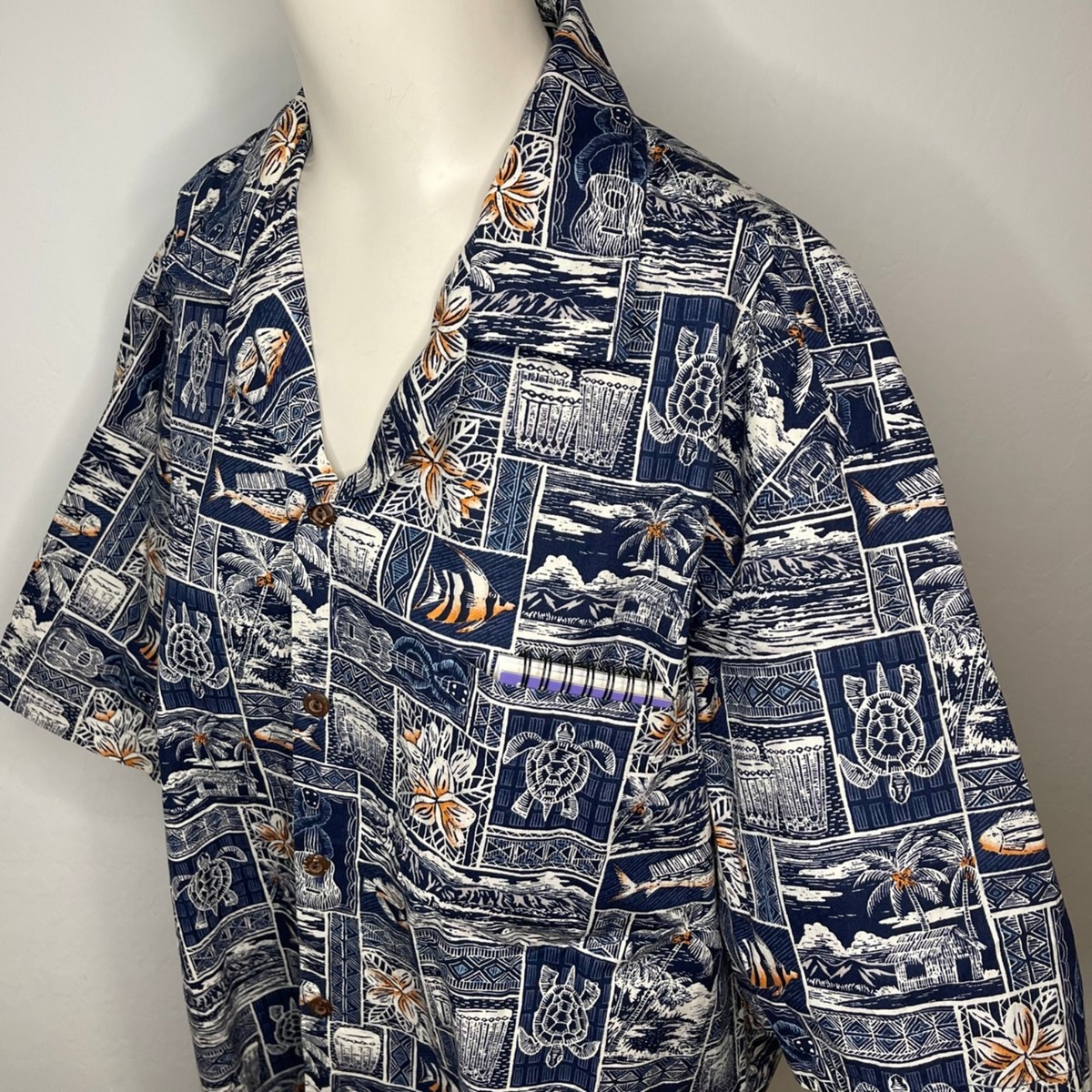 Pacific Legend Apparel Dark Blue Hawaiian Turtle Ocean Button Down Men's Shirt L View 6