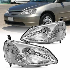 For 2001 2002 2003 Honda Civic Chrome Clear Headlights Assembly Pair L+R