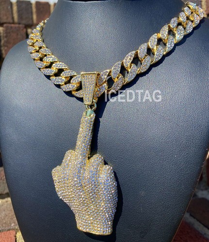 COLLAR GRANDE DEDO MEDIO SIMULATE DE DIAMANTE HELADO ALEACIÓN CHAPADO EN ORO, 18 - Imagen 3 de 13
