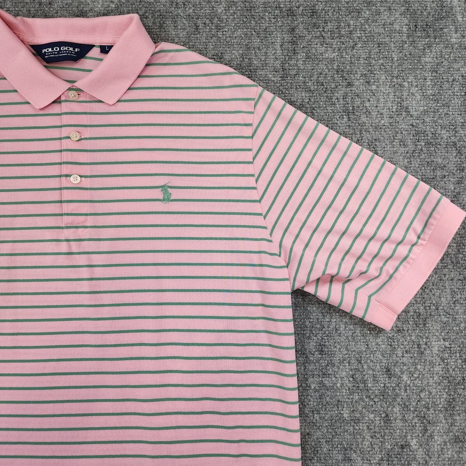 Ralph Lauren Polo Golf Shirt Mens Large Pink Green Stripe Short Sleeve
