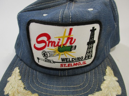 Ad Hatters smith welding denim trucker hat vintage w/ wings leaves St Elmo patch - Picture 3 of 7