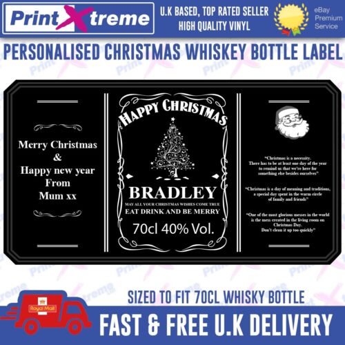Personalised Christmas Whiskey Bottle Label xmas gift present 70cl Bourbon - Foto 1 di 7