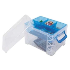 Advantus Super Stacker Divided Storage Box, Clear w/Blue Tray/Handles, 7 1/2 x 1