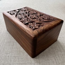 Carved Wooden Pet Memorial Box Urn with Bottom Slide Door 5x3x2.5 Tree Of Life