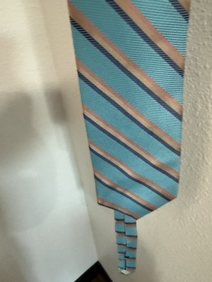 Tom James Corporate Image Silk TieMens Turquoise Blue Pink Stripe Excellent
