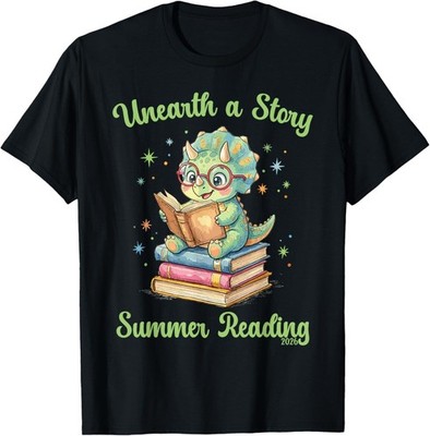 Unearth a Story Triceratops Dinosaur Reading Books Cute Dino T-Shirt S-3XL