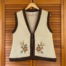 Vintage Sweater Vest Women's Size Large Knit Wool Blend Tie Front Faux Fur Trim