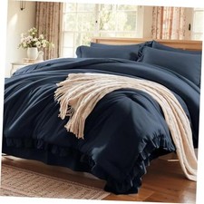 Comforter Set 7 Piece, Navy Blue Bed in a Bag with Full Navy Blue-ruffle