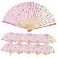 QIRMIZI 10 Pieces Handheld Fans, Silk Folding Fans, 05 Pink Cherry Blossom Rain