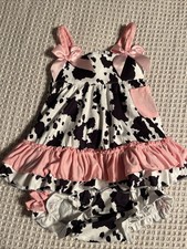 6-12 mo Girls 2PC Cow Print Sleeveless Dress & Bloomers Set Pink Bow Ruffle