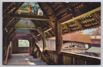 Luzern Spreuer Bridge Interior Totentanz Postcard E. Goetz Photo c1900s