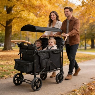 Wagon Stroller w/ Canopy, 4 seater Push Pull Quad Collapsible Stroller 330LBS