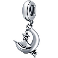 Little Witch Riding Broom Charm Pendant, Fit European Halloween Bracelet, 925 St