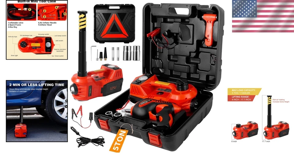 Electric Car Jack Kit 5 Ton Hydraulic Floor Jack Impact Wrench Tire Inflator - Image 2 of 4