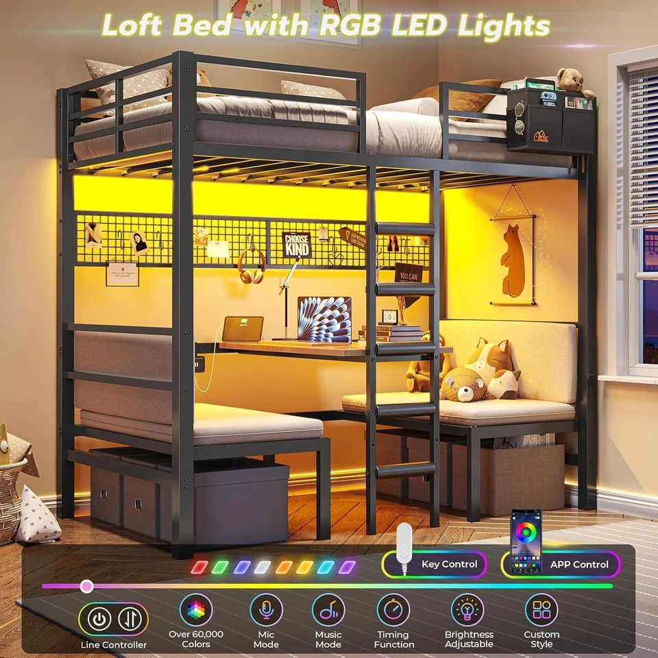 Litera doble con escritorio escalera luces LED estación de carga para adolescentes Foto 3 de 4