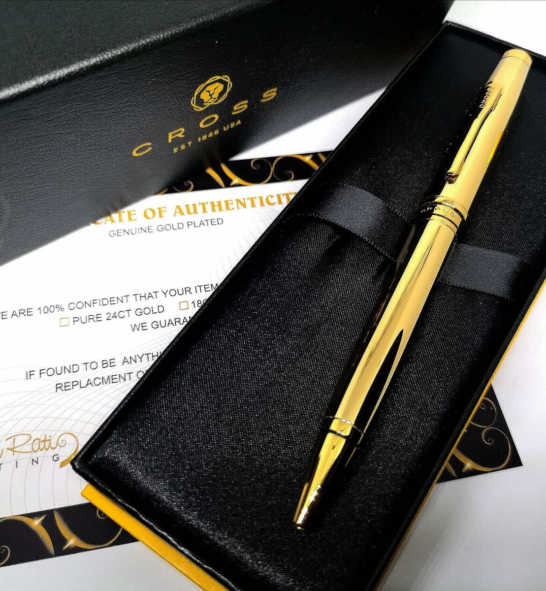  GOLD PEN 螺鈿　本革ケース付き 24k Gold Plated Shiny Cross Coventry Twist Ball Point Writing Pen
