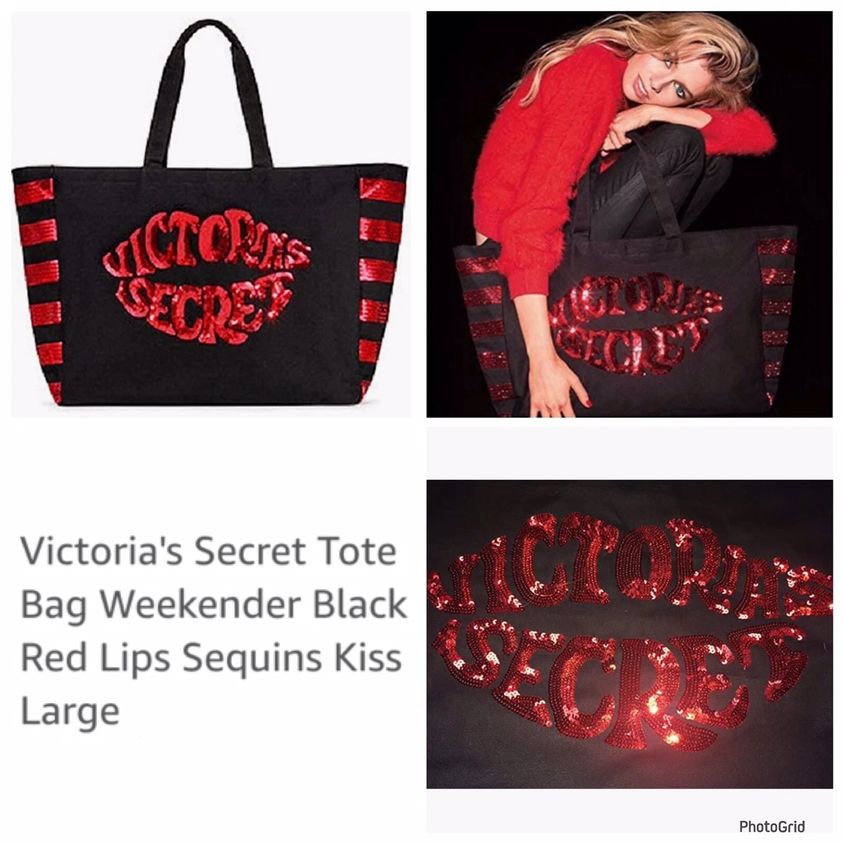 Victoria's Secret Tote Bag Weekender Black Red Lips Sequins Kiss Large