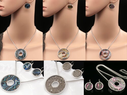 donut round fabric lucite pendant silver plated necklace stud earrings set S74 - Picture 1 of 7