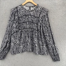 Rails Top Womens Large Kadi Onyx Meadow Black Floral Long Balloon Sleeve Ruffle