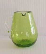 Vintage Hand-Blown Green Crackle Glass Creamer Pitcher Vase