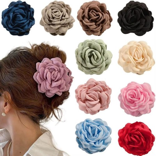 16 Colors Sweat Medium Size Cotton Fabric Rose Flower Hair Claw Clips for Women