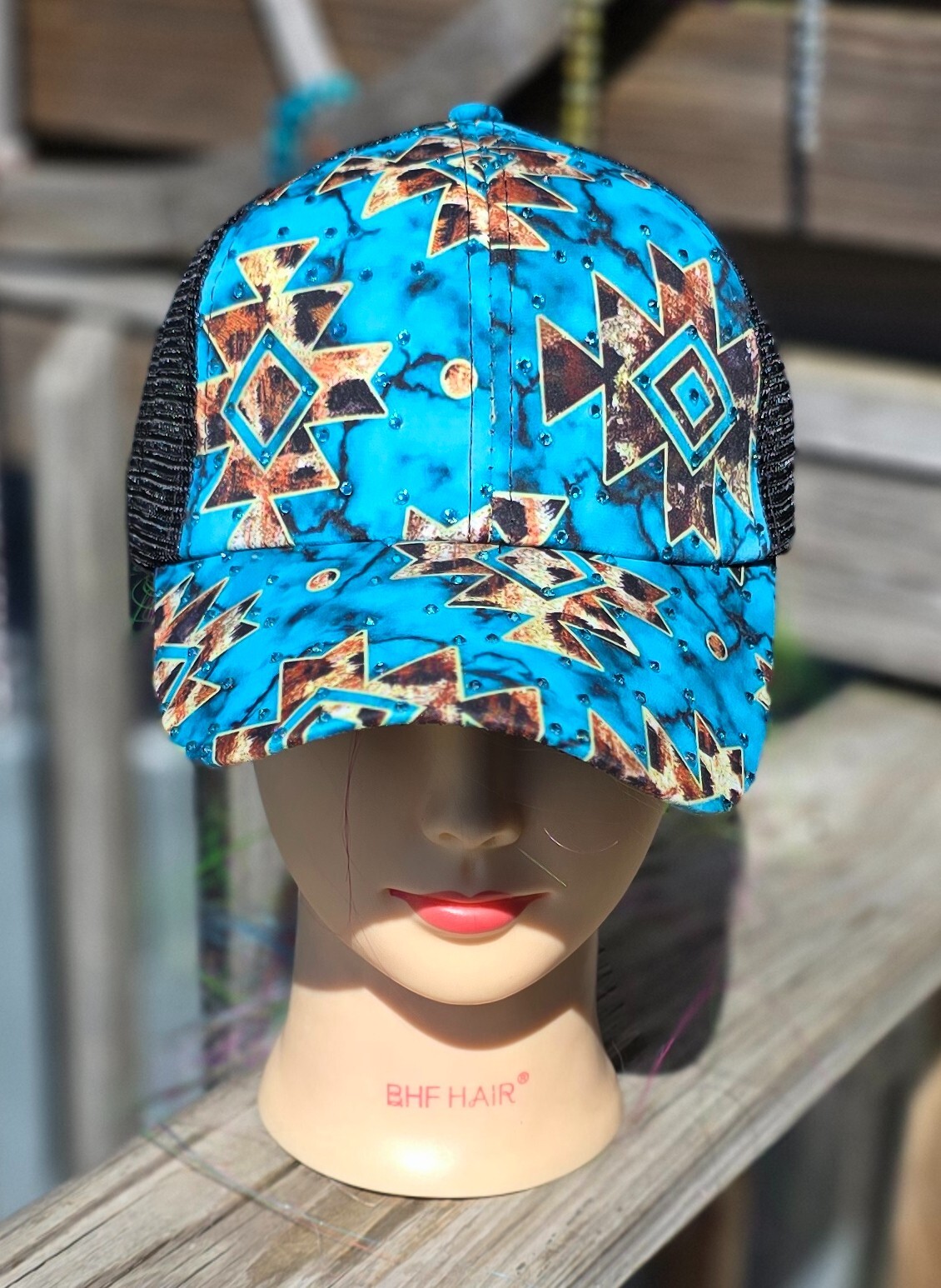 PONY Cappello da donna turchese azteco BLING camionista berretto da ballo NUOVO coda di cavallo